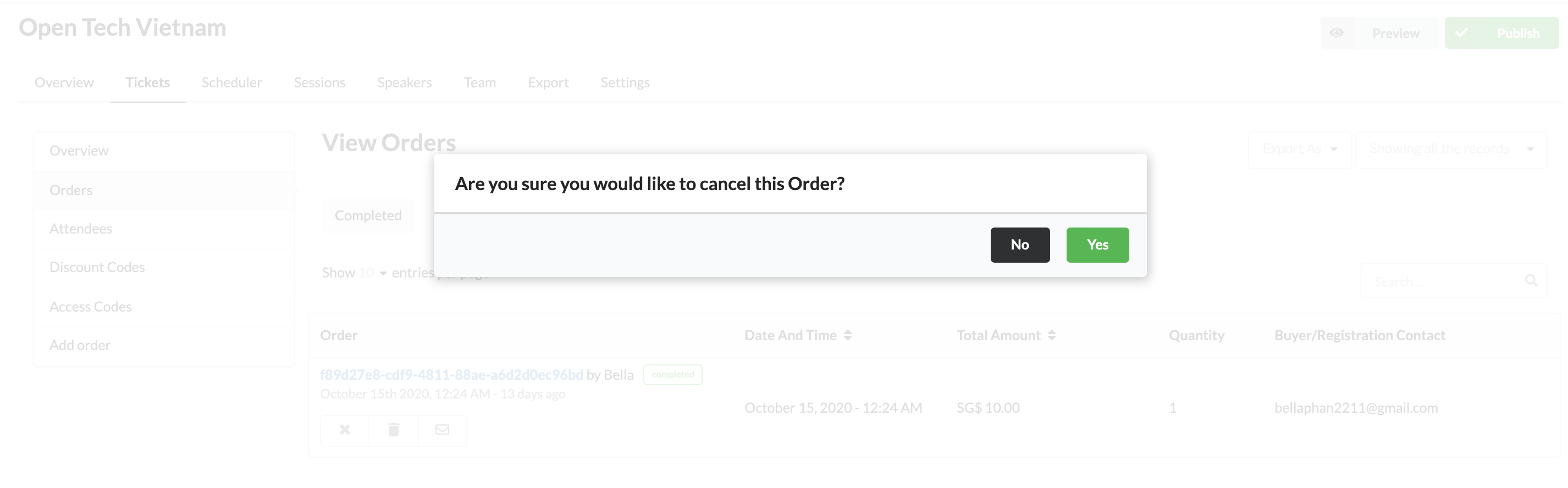 Cancel ticket order